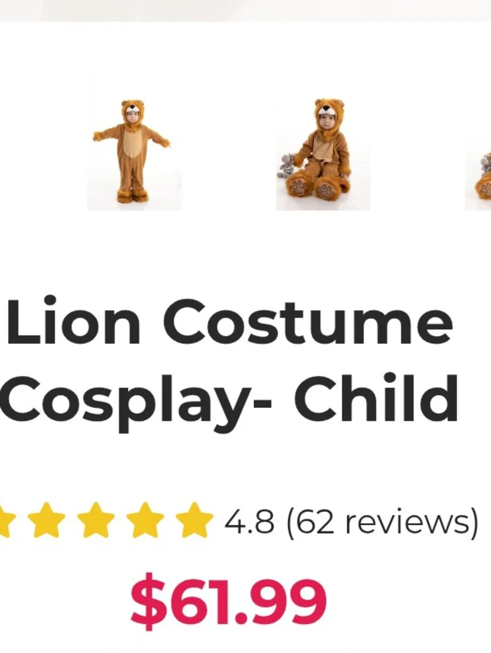 Kids Brown Lion Costume with Hooded Mane By Spooktacular Creations NWT